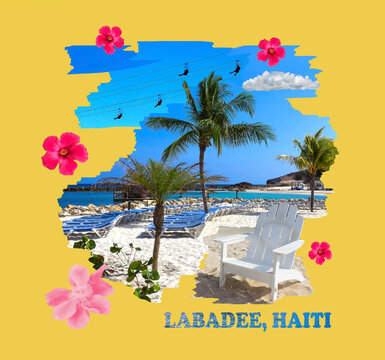 People enjoying sunny day on beach at island Labadee in Haiti. Collage or set