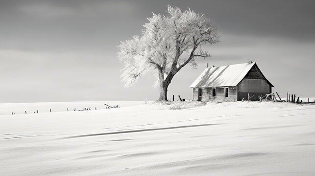 Winter landscape with snowy field and abandoned house