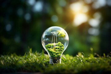 light bulb on green grass and sunlight in nature. concept of energy saving.