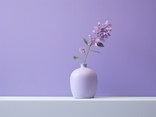 Purple orchid in a vase on a white platform and lilac purple wall