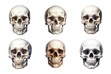 Front view of human skull collection isolated on transparent background