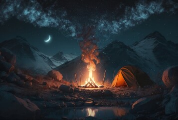 Night camping with bonfire and tent under clear starry sky and milky way. generative ai - obrazy, fototapety, plakaty