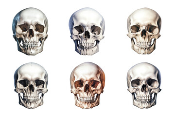 Front view of human skull collection isolated on transparent background