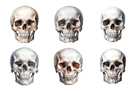 Front view of human skull collection isolated on transparent background