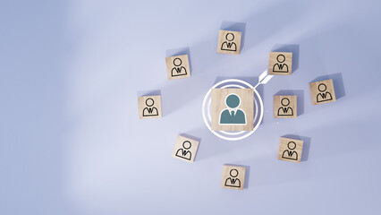 Wooden cube block print screen person icon which link connection network for organisation structure social network and teamwork concept.