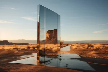 Foto op Plexiglas Desert landscape with sand water and square mirror under the clear blue sky. Ai Generated © rzrstudio