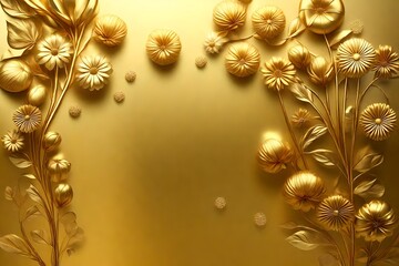 3d wallpaper flowers with stems and leaves on a golden background