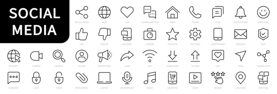 Social Media & Network line icons set. Social media, social network, chat, message, blog icon collection. Vector