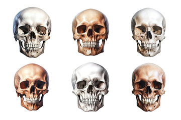 Front view of human skull collection isolated on transparent background