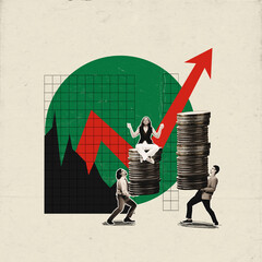 Art collage. Men with coinsand meditating woman over graphs, ratings and green circle background.