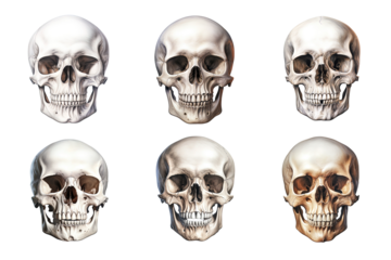 Front view of human skull collection isolated on transparent background
