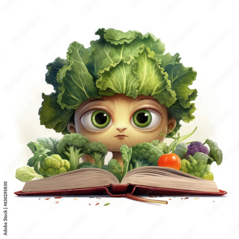 Poster a child with a book and vegetables in front of it. digital image.