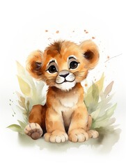 cute baby lion sitting on the ground - watercolor illustration created using generative AI tools