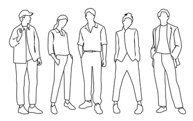 Vector silhouettes of  men and a women, a group of standing  business people,  linear sketch, black and white color isolated on white background