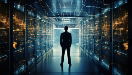 Man in Server Room. Technology and Computing Expert in Data Center. Networking and Cloud Services, Hardware and Cybersecurity Management. IT Specialist with support.