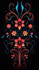 A painting of flowers on a black background. Digital image.