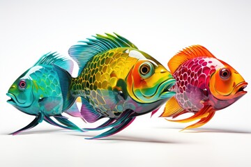 watercolor three colorful fish on white background