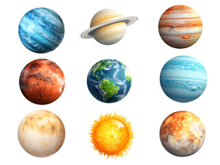 Solar system planets set, cut out isolated on transparent white background