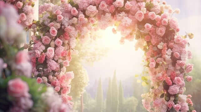 wedding arch with flowers on blurred background