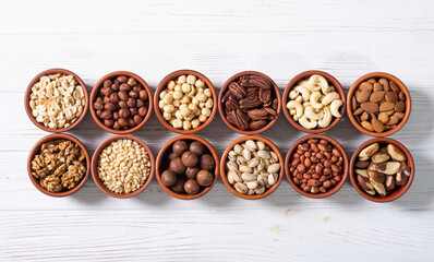 Mix of nuts in bowl . Food background