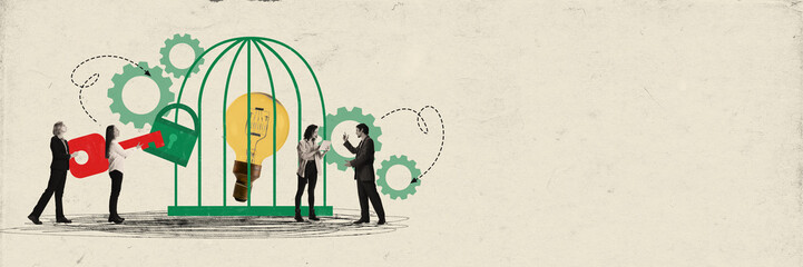 Banner. Contemporary art collage. People want to start new project, unlock startup. Employers...