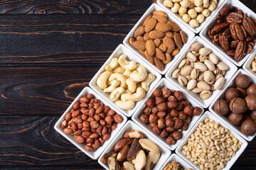 Mix of nuts in bowl . Food background