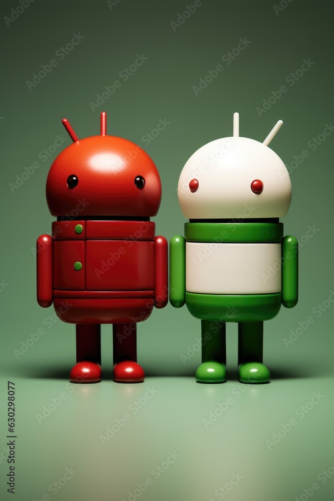 Poster a couple of small robots standing next to each other. digital image.