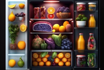 drinks,fresh vegetables and fruits sitting in the fridge, symbolizes freshness and eating healthy fruits and vegetables. generative ai