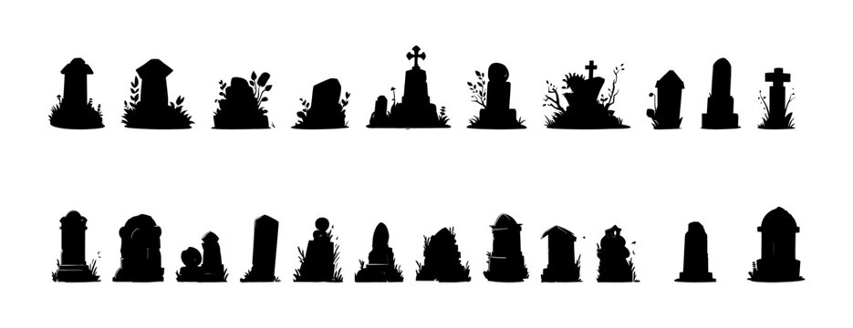 Black silhouette tombstone set flat cartoon isolated on white background. Vector illustration