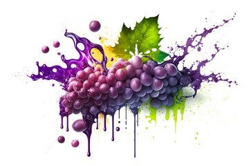 Grape cluster with green leaves on white background. Grapes juice splash. Generative AI