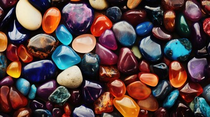 A close up of a bunch of colorful rocks. Texture with colorful pebbles, natural background