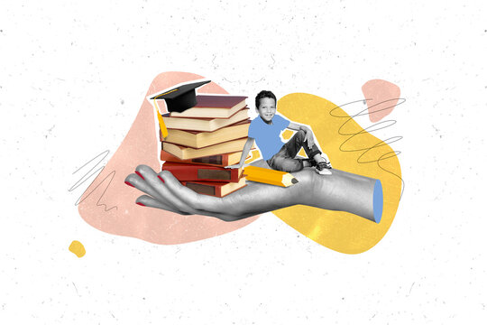 Artwork collage of black white effect arm palm hold mini child pencil pile stack book mortarboard hat isolated on creative background