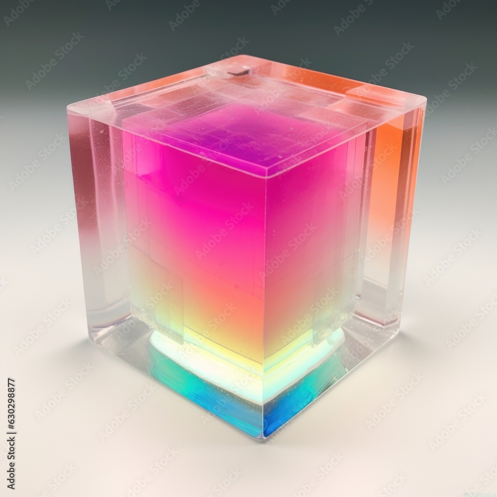 Poster a multicolored cube shaped object on a white surface. digital image.