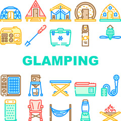 glamping tent nature luxury tipi icons set vector. forest africa, barbecue glamour, camp, campfire bubble, chair beach, vacation glamping tent nature luxury tipi color line illustrations © sevector