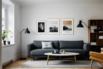 Three mock up posters frame on wall in modern interior background, living room. Books vase lamp on cabinet. Cozy scandinavian style