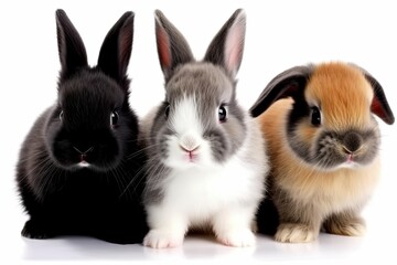 Three-color baby bunnies alone, having fun while bouncing on a white background with clipping. Generative AI
