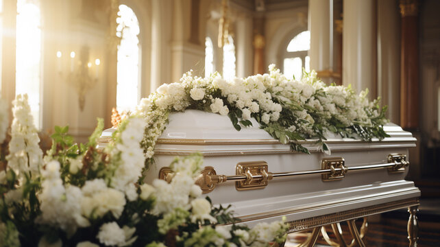 Funeral coffin church cathedral service floral decoration white flowers bouquets. 