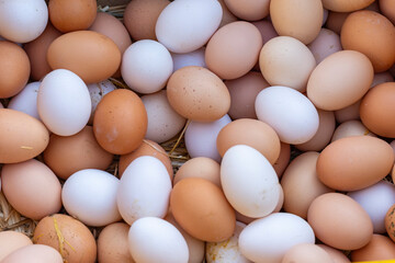 Chicken eggs, fresh, organic and ecological, white and brown, on a straw base in a wooden box for sale in a street market