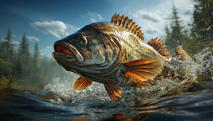 Hyper-Detailed Largemouth Bass Fishing Wallpaper in Realistic Style. Intense Movement Expression with CryEngine & Canon EOS 5D Mark IV. Dark Red & Orange Palette, Digital Art Techniques, & Realistic 