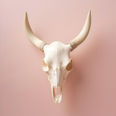 white animal skull mounted on wall isolated on plain pink studio background