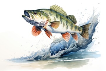 watercolor bass fish jumping on white background - obrazy, fototapety, plakaty