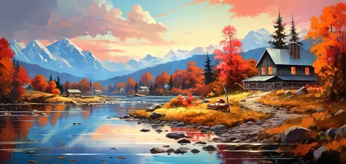 Foto op Plexiglas painting style illustration of hill top village in Autumn with beautiful nature landscape of snow mountain and lak, Generative ai © QuietWord