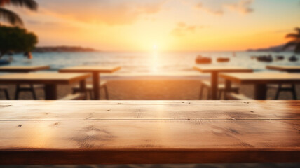 Beautiful outdoor wooden rustic empty table podium mockup product display on a beach seaside sunset ocean view.