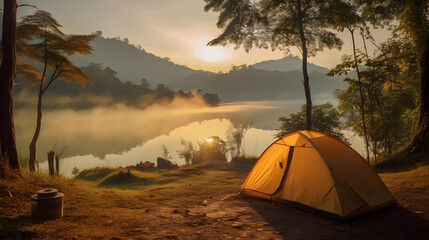 Fototapeta na wymiar Camping in jungle, Night camping campfire, Tent camping near lake, sunset, morning in jungle