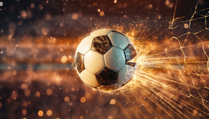 Fototapeta premium Soccer Ball into net. Scored Goal. Victory in the Game of Football. Sporting Entertainment and Athletic Joy on the Turf. Success in the League. Exciting Moment for the Team and Fans.