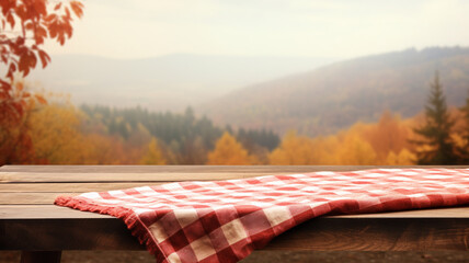 Beautiful fall autumn sunset forest woodland natural mockup wooden table empty product free space display montage.