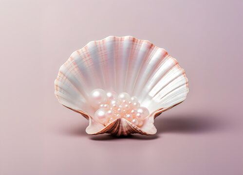 shell willed with pearls isolated on plain pink studio background