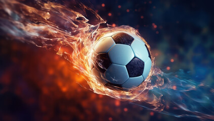 Fast Soccer Ball in Fiery Flames. Energetic Sports Competition, Power and Speed. Championship Match with Burning Passion. Winning with Glowing Energy.