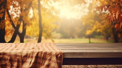 Beautiful fall autumn sunset forest woodland natural mockup wooden table cloth empty blank plank product free space display montage copy space banner.