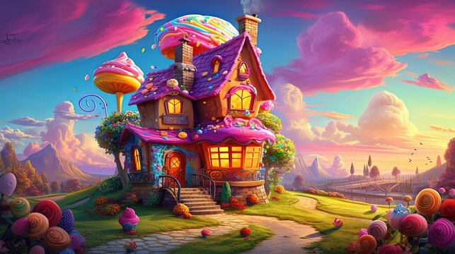illustration of candy house, dessert home village in colorful pastel tone color, idea for children book scenery, generative Ai	
